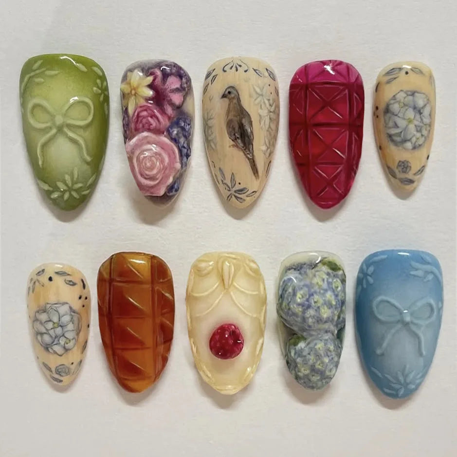 24pcs White Flower Fake Nail Tips Ins Yellow Pink Blush False Nails Wearable Full Cover European Almond Shaped Press on Nails
