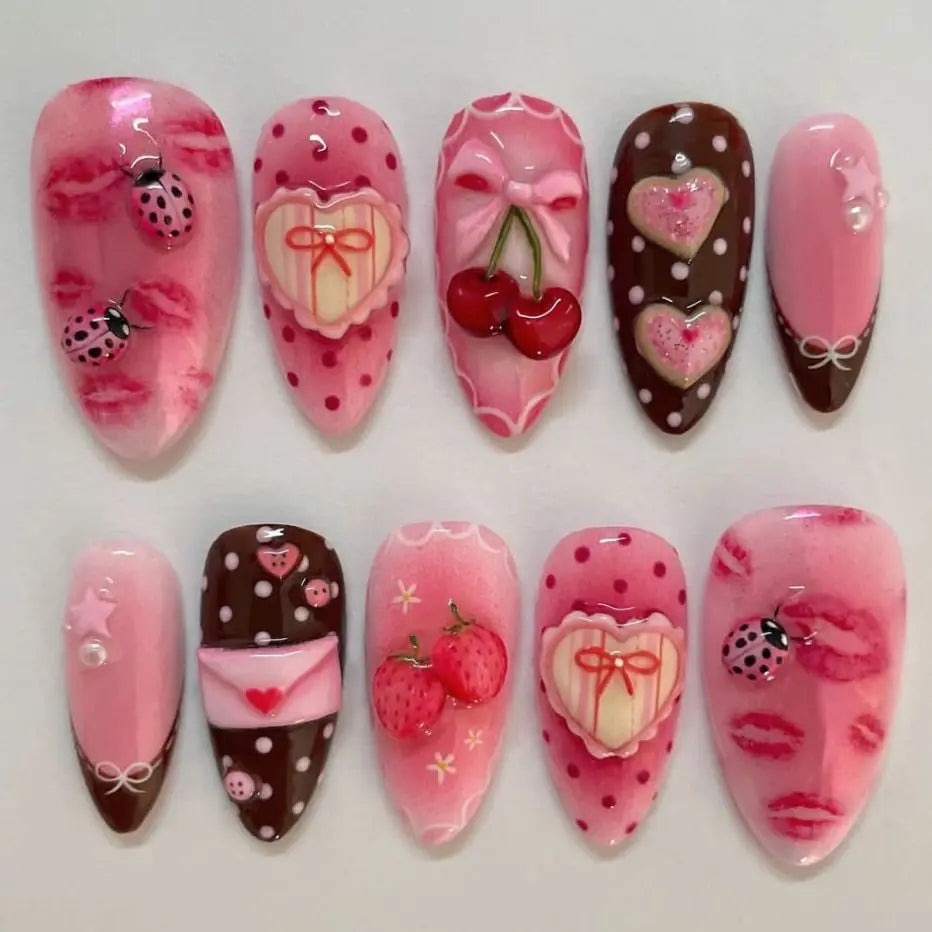 24pcs White Flower Fake Nail Tips Ins Yellow Pink Blush False Nails Wearable Full Cover European Almond Shaped Press on Nails